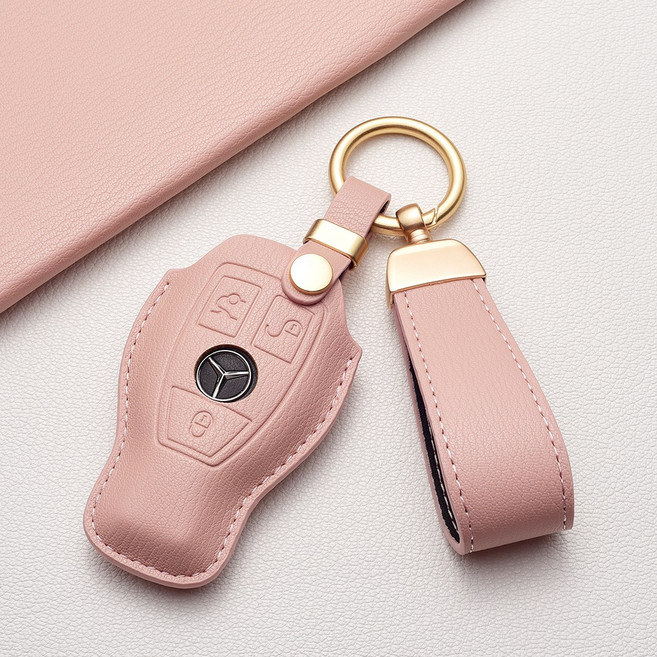 벤츠 전용 키 커버 천연 느낌의 부드러운 촉감 빈티지한 텍스처와 고급스러운 질감 (C클래스 E클래스 S클래스 AMG 등 모든 벤츠 차종 호환), 벤츠 A 타입, 장미핑크