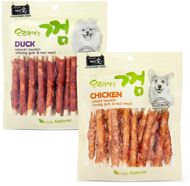 백년애 고기가 2배 이상 말린 오래먹는 개껌 강아지 간식 껌 치석 제거, 혼합 스틱, 250g, 2개