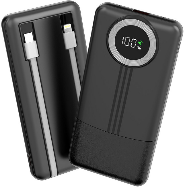 KLIFE 고속충전 대용량 보조배터리 10000mAh PD 22.5W QC3.0 케이블 일체형 LED 잔량표시, 블랙