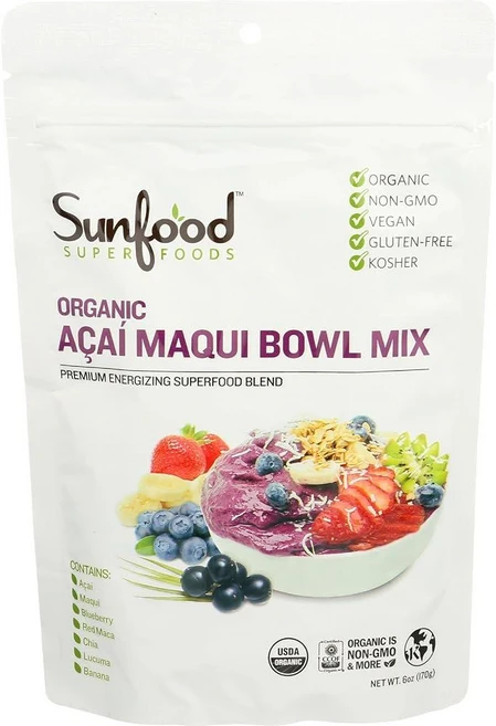 Sunfood Superfoods Acai 파우더 스무디 믹스 마키 베리 아사이 볼용 글루텐 프리 비건 및 저칼로리 건강 간식 100% 천연 유기농 성분 설탕 무첨가, 1개, 170g - 쿠팡