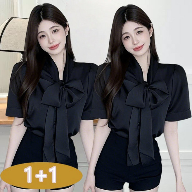 AOKADA여성 여름 루즈핏 리본 타이 블라우스 오피스룩 쉬폰 반팔 블라우스