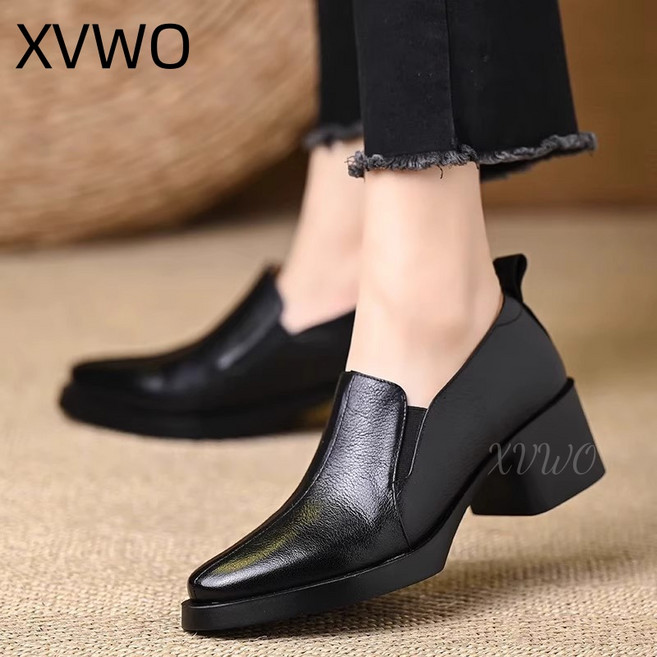 XVWO 여성 깊은 발등 로퍼 펌프스 통굽 하이힐 데일리 구두