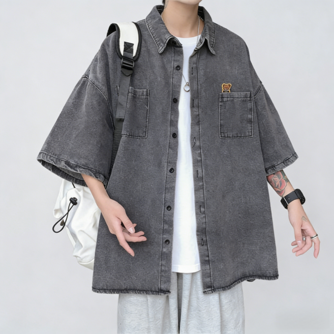 스타일닥터 남성용 여름 데님 셔츠 캐주얼 오버핏 반팔