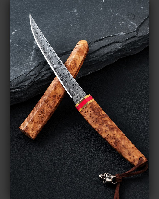 다마스커스 일본식 미니 카타나 캠핑칼 KJ12 향나무 원목 휴대용 나이프 VG10, 1개, 원목핸들