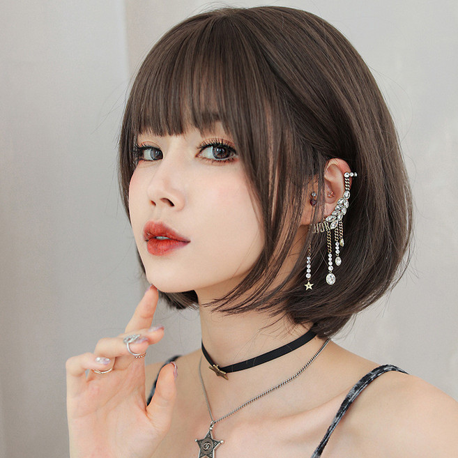 女生短髮 假髮 深棕色 肩上整頂, 1個, 加購護理五件組