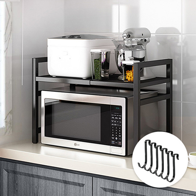 루이벤 높이 넓이 조절 2단 전자레인지 선반 주방 밥솥 오븐 젖병소독기 다용도 선반 렉 + 후크 6P, 높이넓이길이조절-전자레인지2단선반, 1개
