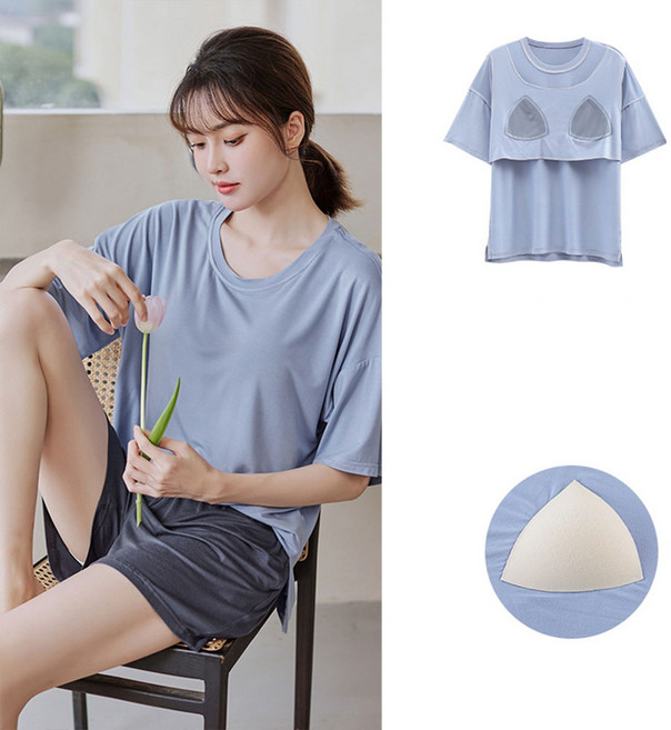 언에스온 반팔 캡내장 노브라 홈웨어 상하의세트