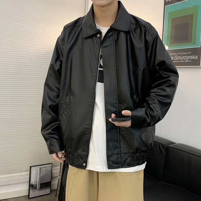 AOKADA 남성 봄 가을 루즈핏 카라넥 집업 가죽 자켓 남자 레더 점퍼 간절기 방풍 방수 아우터