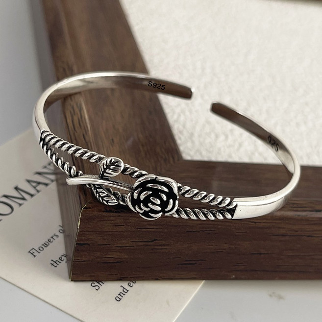 여성을위한 925 스털링 실버 팔찌 체인 액세서리 트렌드 빈티지 간단한 장미 펜던트 파티 보석 선물