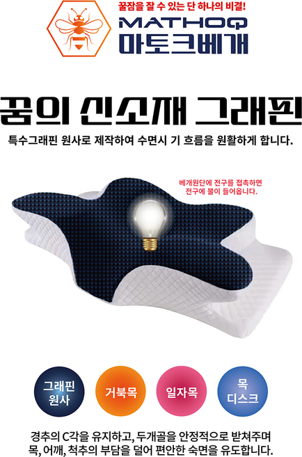 마토크 경추베개 마토크베개 고밀도 60D 메모리폼베개 편안한 잠 경추보호 불면 그래핀원사 마토크배게, 1개, 블랙+화이트