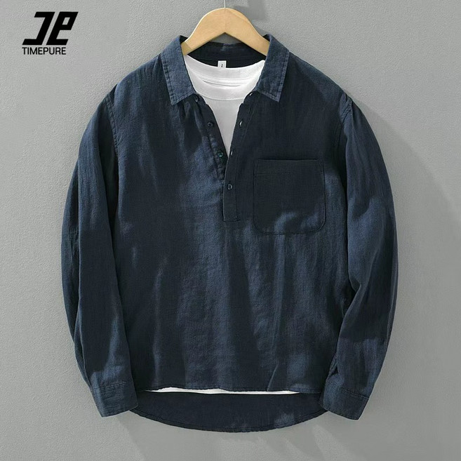 남자 일본식 레트로 오버핏 린넨 폴로 셔츠 빅사이즈 남방 남성 여름 가을 시원한 린넨 출근룩 투로롤업셔츠 베이직컬러 린넨 셔츠