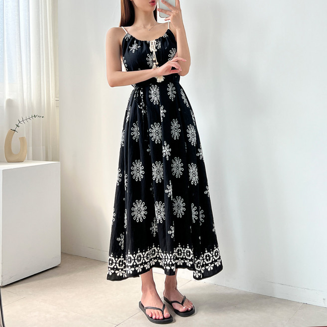 (허리끈 ~88) 에스닉 페이즐리 테슬 바캉스 휴양지 끈 나시 맥시 롱 원피스 3color