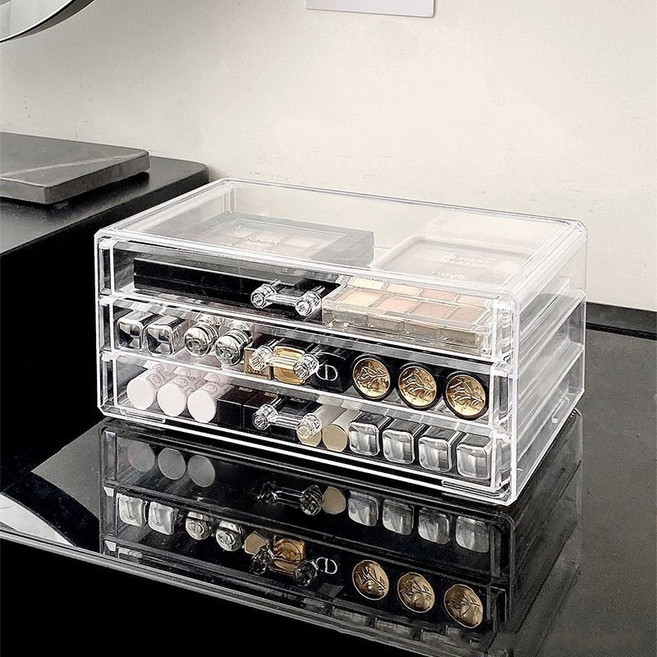 壓克力化妝品收納盒 14.5x8.5x19.5cm, 透白三層抽屜, 1個