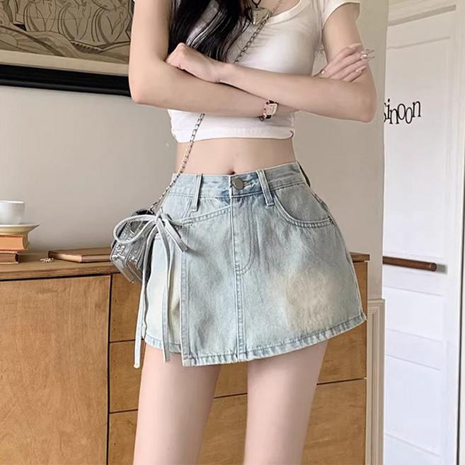 이누아 데님 스커트 여름 하이웨스트 날씬해 보이는 A라인 치마바지 언밸런스 스커트