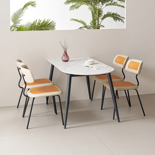 라로퍼니처 카이 1350 반타원 무광 포세린 통 세라믹 스크래치 방지 실리콘 스킨 가죽 4인 식탁 세트, 식탁+의자4