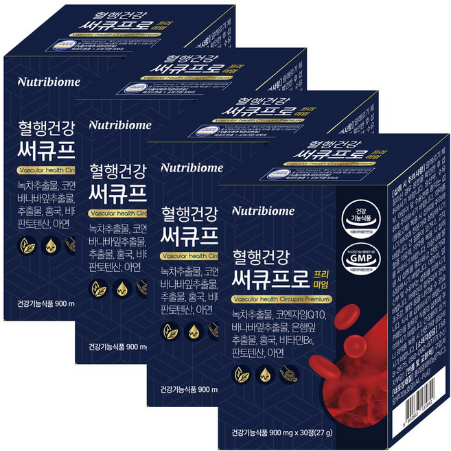 뉴트리바이옴(뉴바옴) 혈행 혈당 혈압 건강 써큐프로 프리미엄 녹차추출물 체지방 항산화 코엔자임Q10 바나바 징코 홍국 콜레스테롤 혈액순환 비타민B6 판토텐산 아연, 4개, 60정