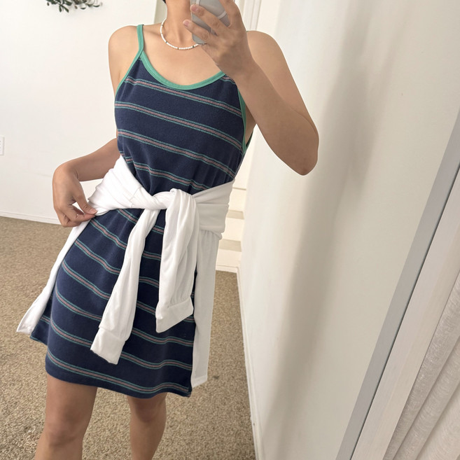 에이치스 바캉스 비치웨어 물놀이필수템 테리원단 배색 줄무늬 단가라 유넥 민소매 끈 미니원피스
