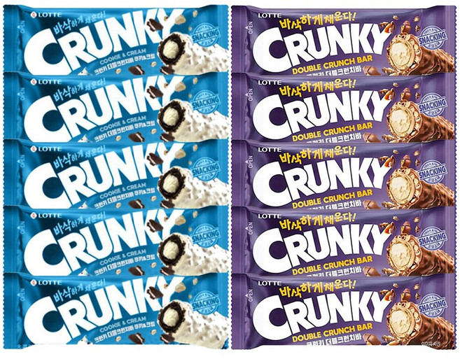 롯데 크런키 더블크런치바 36g+쿠키앤크림 33g 5개씩 (총 10개), 1세트, 69g