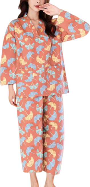 Makone 남성 여성 찜질복 사우나복 나무잎 빅사이즈 커플 긴팔 긴바지 상하의 세트