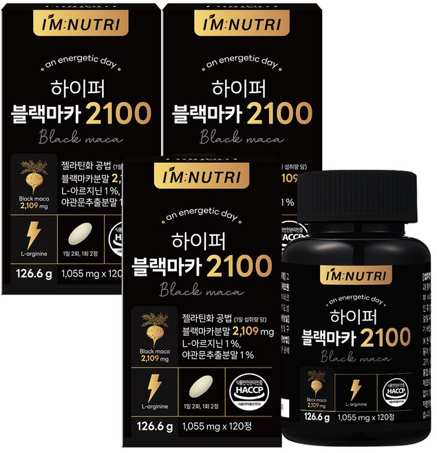 아임뉴트리 하이퍼 블랙마카 2100 젤라틴화 공법 페루 블랙마카 126.6g, 120정, 3개