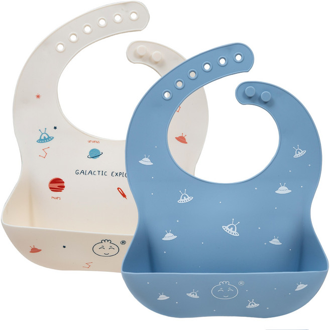 Little Dimsum베이비 방수 자기주도 이유식 실리콘 턱받이 2P 세트, 흰색+블루, 1세트, 2개입