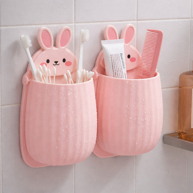 다금라이프 무타공 다용도 토끼 칫솔꽂이 벽걸이 수납거치대, 2개, 핑크