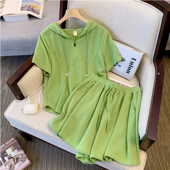 페이준 여성 봄 여름 패션 캐주얼 세트 솔리드 루즈핏 후드 반팔티+반바지 투피스 YJ4700