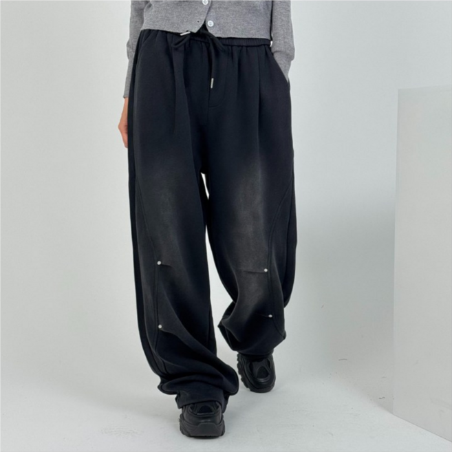 바이일이오 워싱 리벳 포인트 핀턱 롱 루즈 와이드 벌룬핏 원턱 밴딩