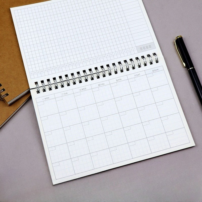 양면코 카본지 다이어리 영문내지 360도 펼침 시간관리 플래너, 달