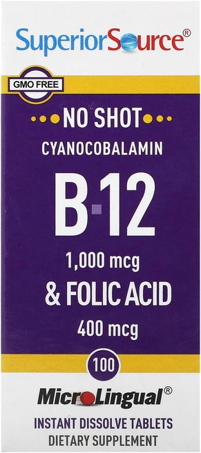 Superior Source 수페리어 소스 시아노코발라민 B12 100 태블릿 엽산 영양제, Superior Source 수페리어 소스 시아노코발라, 1개, 100정 - 쿠팡