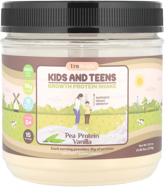TruHeight 및 청소년 건강 증진 완두콩 단백질 셰이크 만 5세 이상 용 바닐라 374g(0.82lb), TruHeight, 어린이 및 청소년 건강 증진 완두콩, 1개, 374g