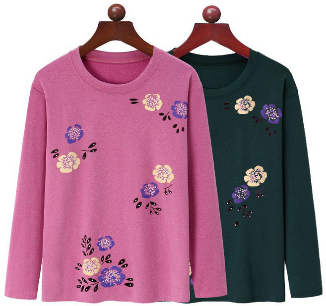 1+1 중년 여성 티셔츠 가을 겨울 루즈핏 엄마 기모 도톰 보온 내복 상의 캐주얼 스판 라운드넥 이너 티셔츠 WMY