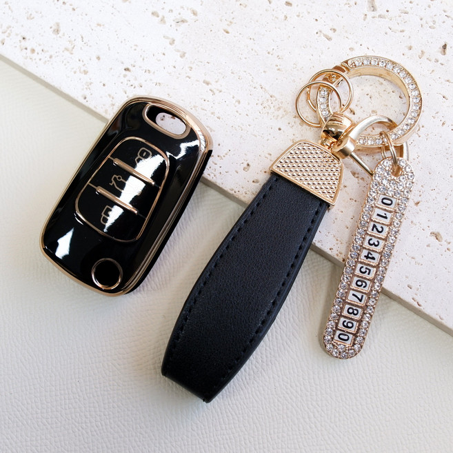 트니르 기아 현대 호환 M타입 폴딩키 케이스 아반떼 K5 K7 모닝 레이 포터 쏘울 tpu 번호판 스트랩 골드라인, 큐빅오링, 블랙