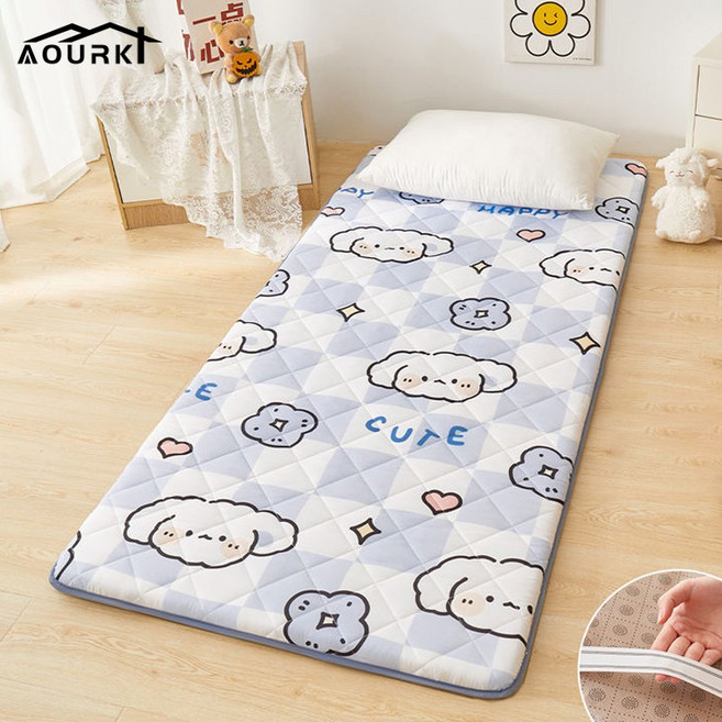 AourK 학생 기숙사 자취 접이식 싱글 스펀지 매트리스 잠자리 쿠션, 블루 플라워 강아지