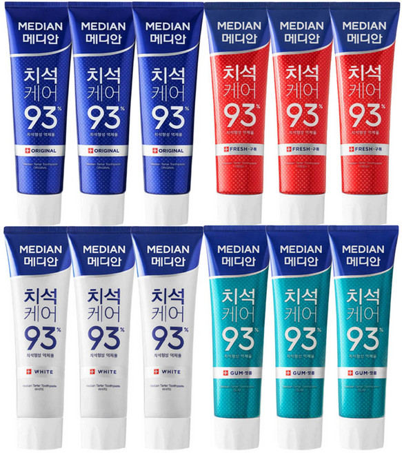 메디안 치석케어 오리지널+화이트+잇몸+구취제거 치약 3입 총12개, 12개, 120g