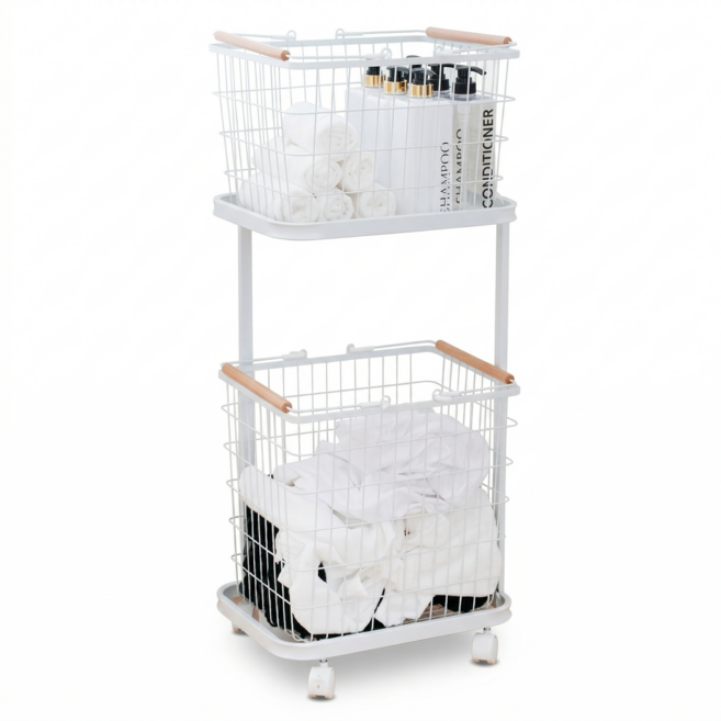 친절한마이쮸 이동식 2단 철제 빨래 바구니 대용량 빨래통 런드리 트롤리 세탁바구니, 화이트