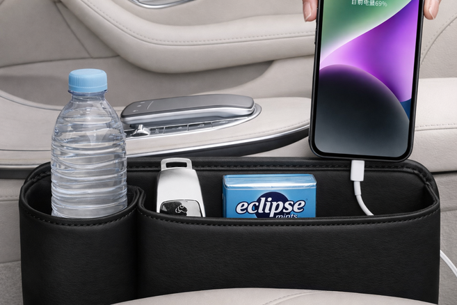 라이시크 차량 틈새수납 컵홀더형 가죽 사이드 포켓, 블랙 운전석, 1개