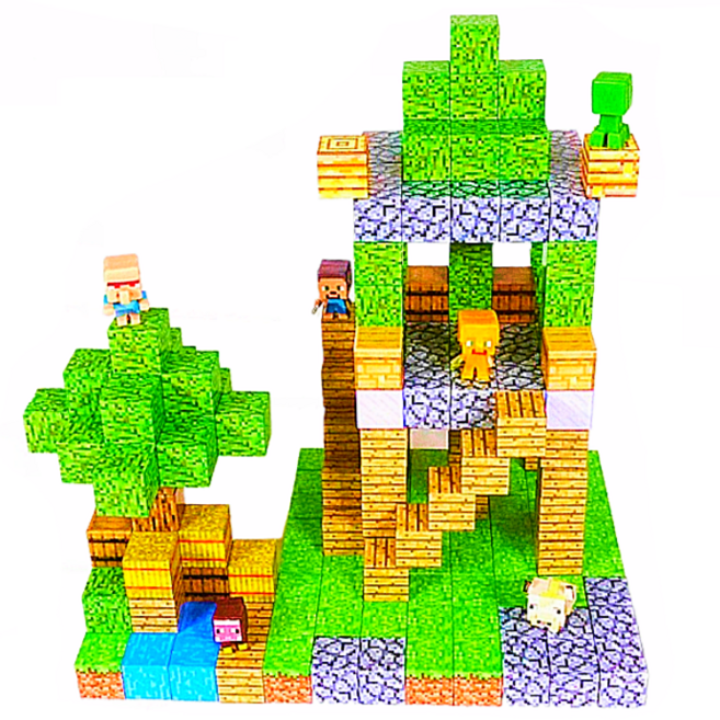 마인크래프트 블럭 자석블록 퍼즐 유아교구 자석놀이 세트 장난감 퍼즐 창의력 생일선물 오늘출발, 정원하우스 216 PCS (랜덤 피규어 6개 증정), 1세트