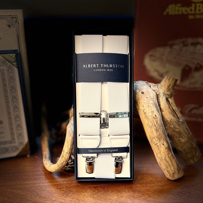 영국수입 알버트서스턴 올화이트 실버 Y35mm 와이드 Y형밴드 서스펜더 Y클립 멜빵 Y타입 3점고정 튼튼한 오래쓰는 고급 선물포장 웨딩 남녀공용