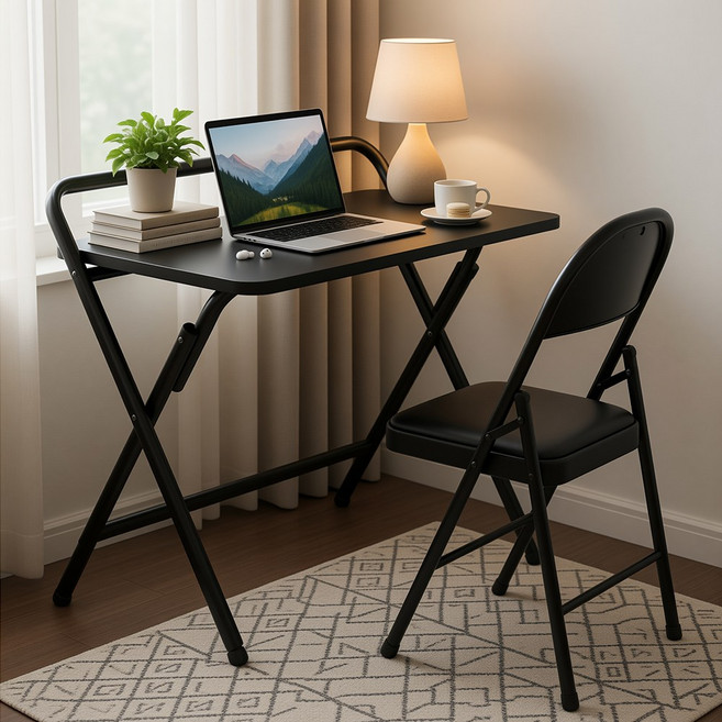 무설치 완제품 학생 접이식 컴퓨터 책상 의자 세트 사무실 공부 독서 서재 테이블 세트, 블랙