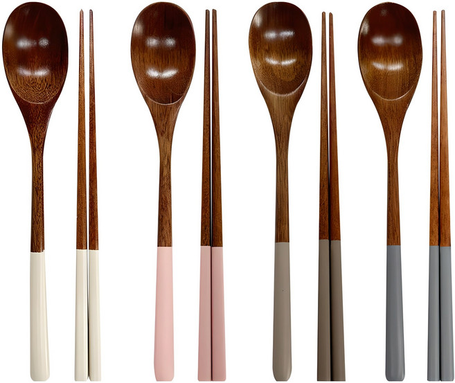 키볼리 한식 파스텔 옻칠 나무 수저 4인 세트, 크림 + 핑크 + 모카 + 그레이, 숟가락 4종 + 젓가락 4종, 1세트