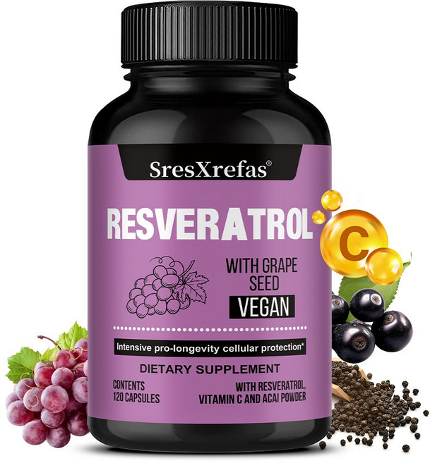 레스베라트롤+포도씨 비건 캡슐 - 비타민C와 아사이베리 파우더 - 세포보호 촉진 식물 항산화 영양공급, 1개, 60정