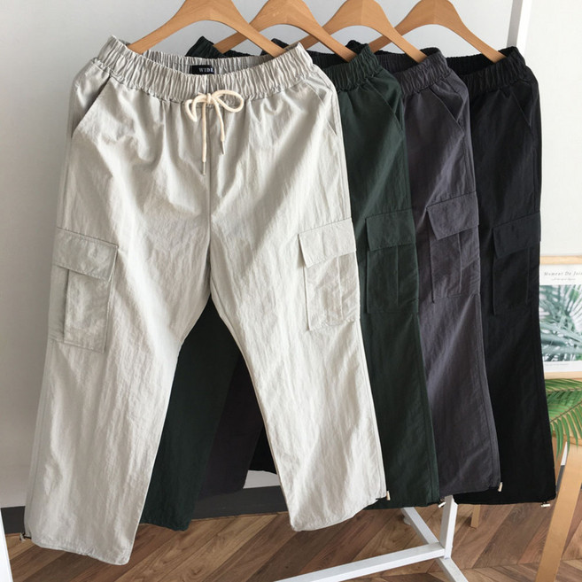 [점프점프] 스트릿팬츠 남자 카고 조거 스트링 와이드 나일론 비닐 밴딩바지