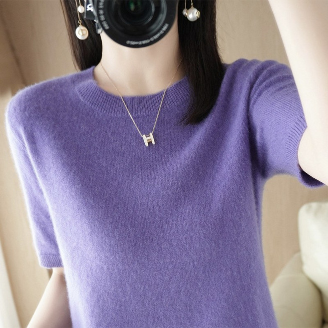 별하늘 여자 니트 반팔 스웨터 라운드 반팔티