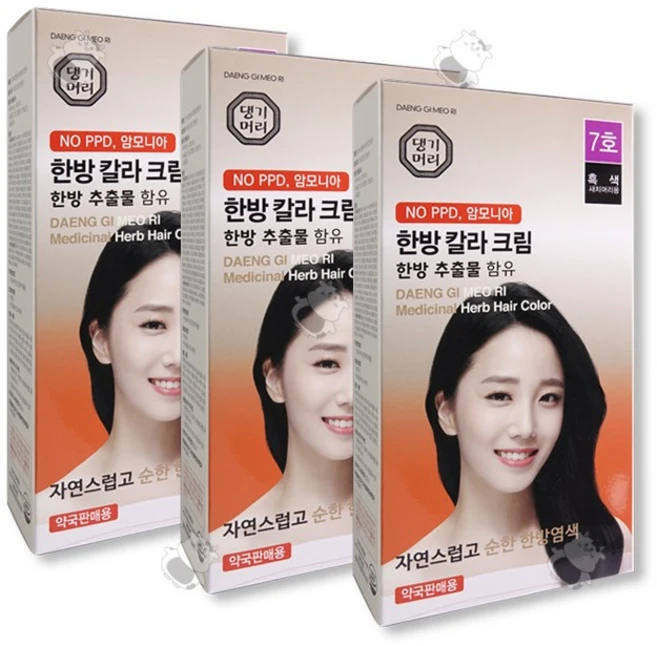 댕기머리 한방칼라크림 염색약 한방염색약(새치), 7호-흑색, 3개 - 쿠팡