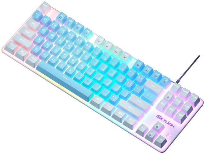 Skylion 人體工學設計鍵盤，多色背光，舒適打字體驗，節省空間, 藍白, 青軸
