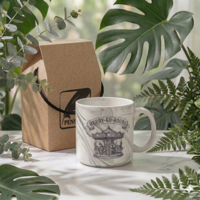 프렌치 로맨틱 유럽 무드 레트로 마블 머그컵 (일상 선물용), 1개, 회전목마