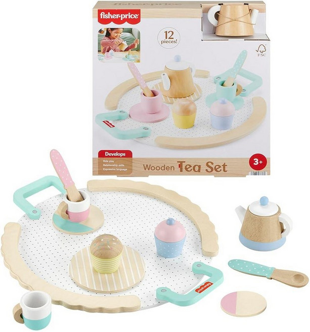 Fisher-Price 나무 역할 놀이 장난감 티 세트 12피스 나무 놀이 세트 찻주전자 컵 및 받침 포함 미취학 아동용 만 3세 이상