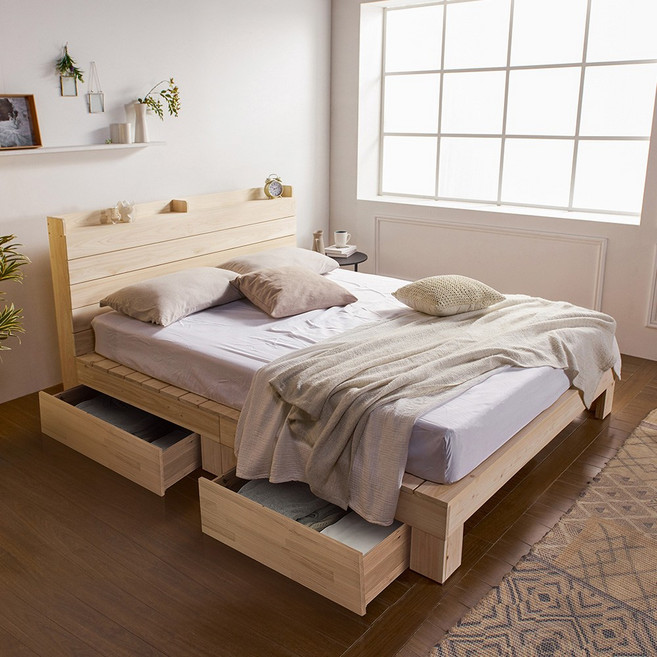 동서가구 숲 편백나무 100% 프레임 1000 수납헤드 2서랍 원목 수납침대 슈퍼싱글 SS+본넬 매트리스 DF642965, 내추럴