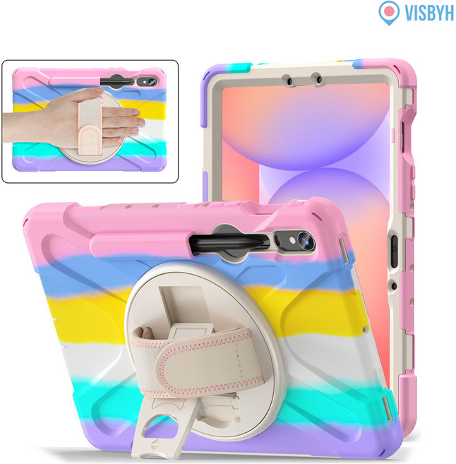 VISBYH 비스비 갤럭시탭 S10FE 러기드 스트랩 범퍼케이스 360도 회전 보호, 파스텔 레인보우, 1개